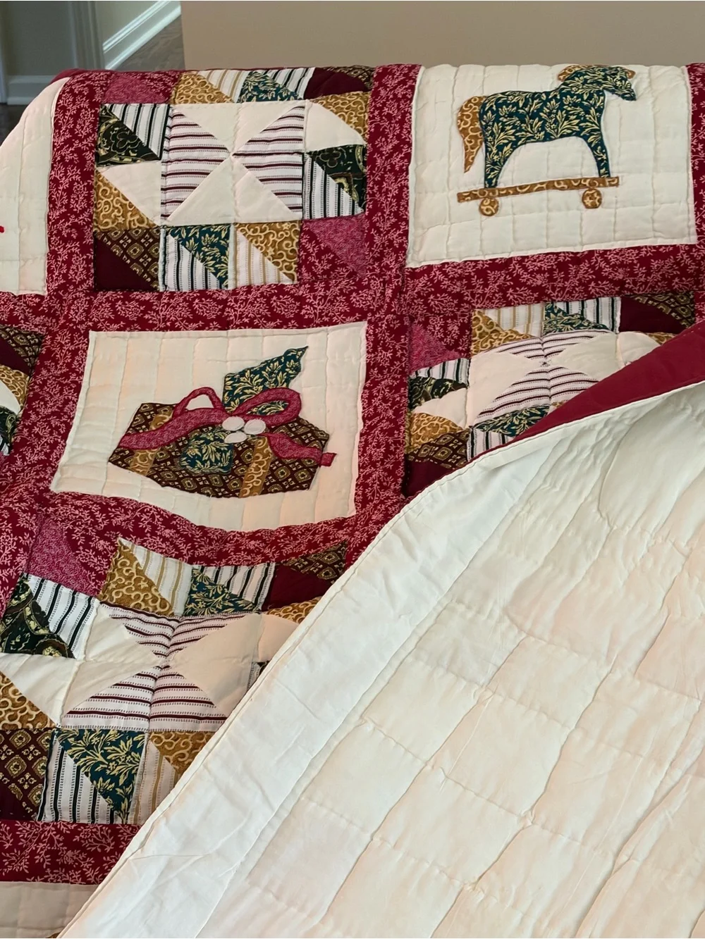Festive Red Patchwork Holiday Throw Blanket with Appliqué.  Entirely hand sewn.